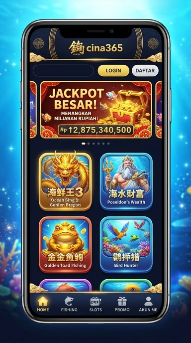 Tampilan utama aplikasi cina365 yang menarik dan intuitif.